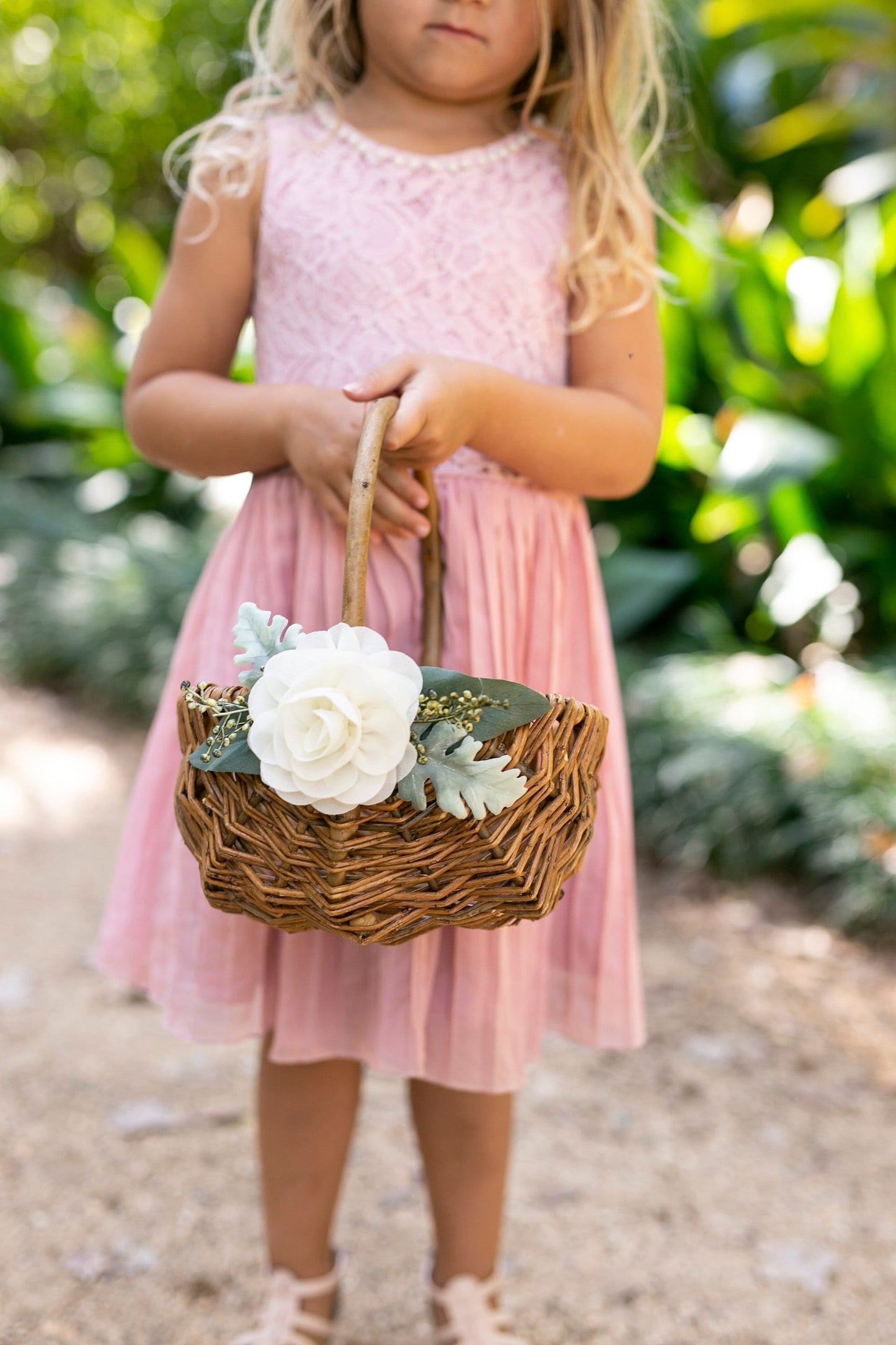 Rustic Willow Flower Girl Basket with Greenery & Chiffon Flower