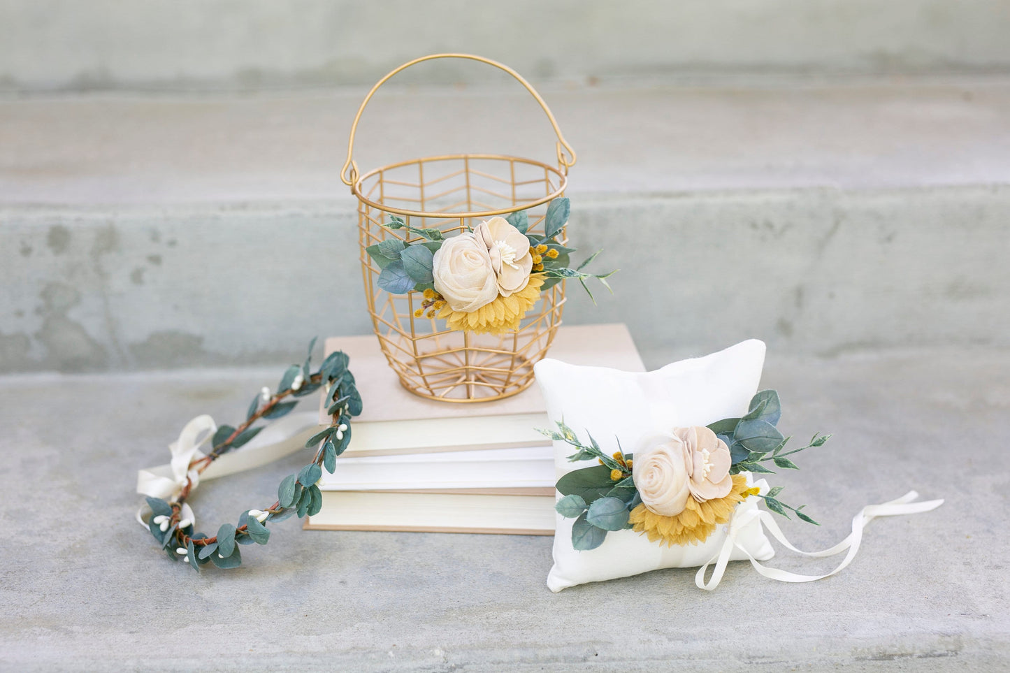 Gold Wedding Flower Girl Basket: Beige & Yellow Fabric Flowers