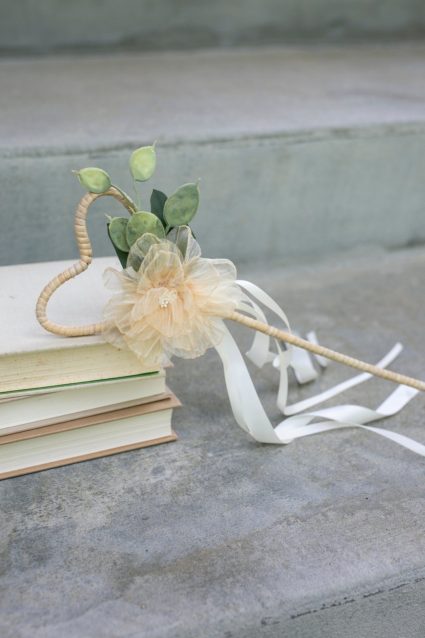 Amber Flower Girl Wand: Heart Rattan, Ivory Ribbon Wedding Accessory