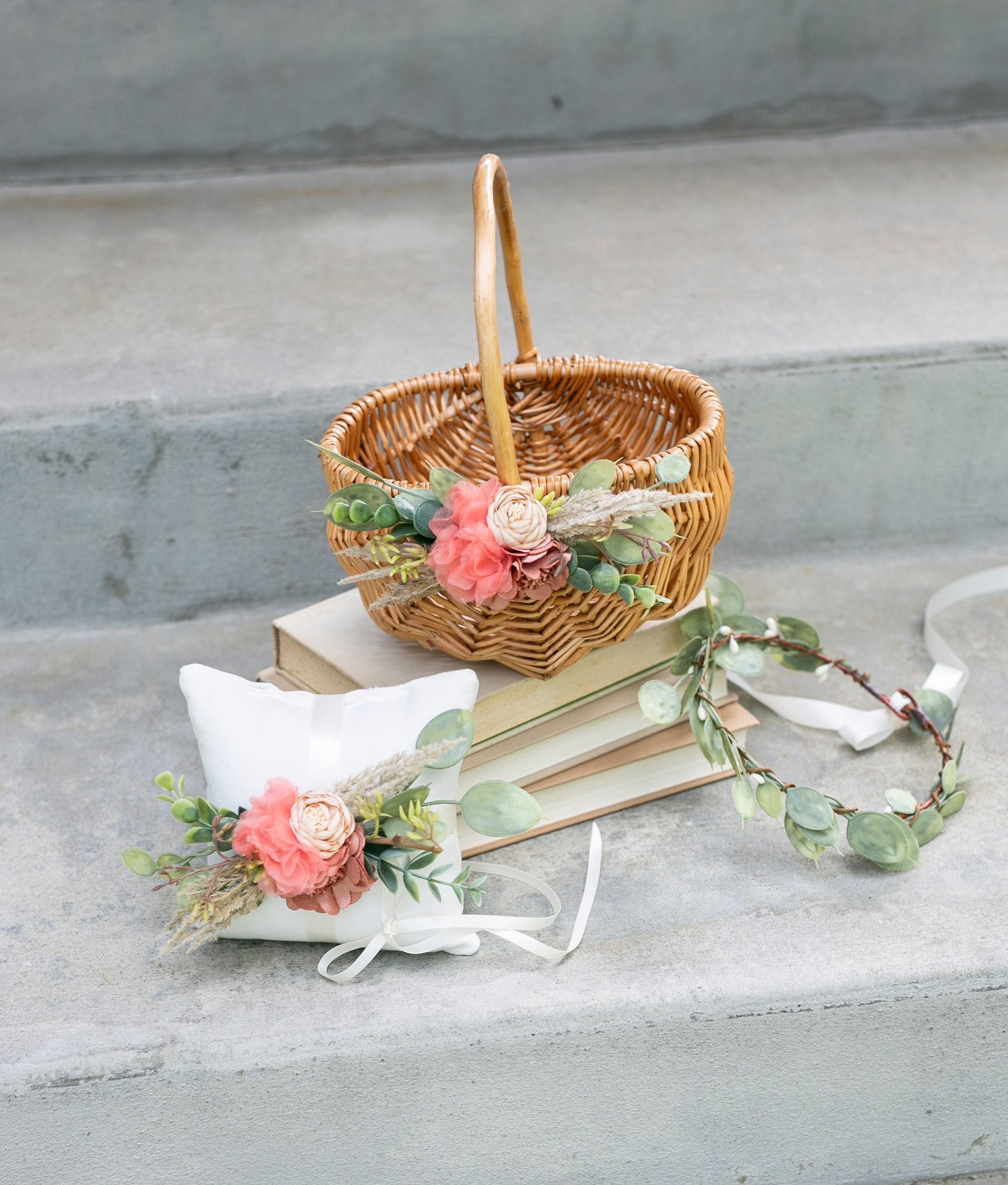 Francesca Flower Girl Basket & Ring Pillow Set | Spring + Summer Weddings Rattan l Basket | Boho Desert Flower Petal Basket | Gift Basket w/ Greenery
