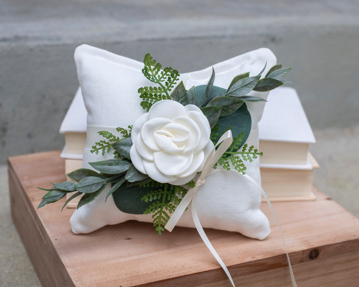 Greenery Wedding Ring Pillow: Linen-Look Fabric, Satin Ribbon