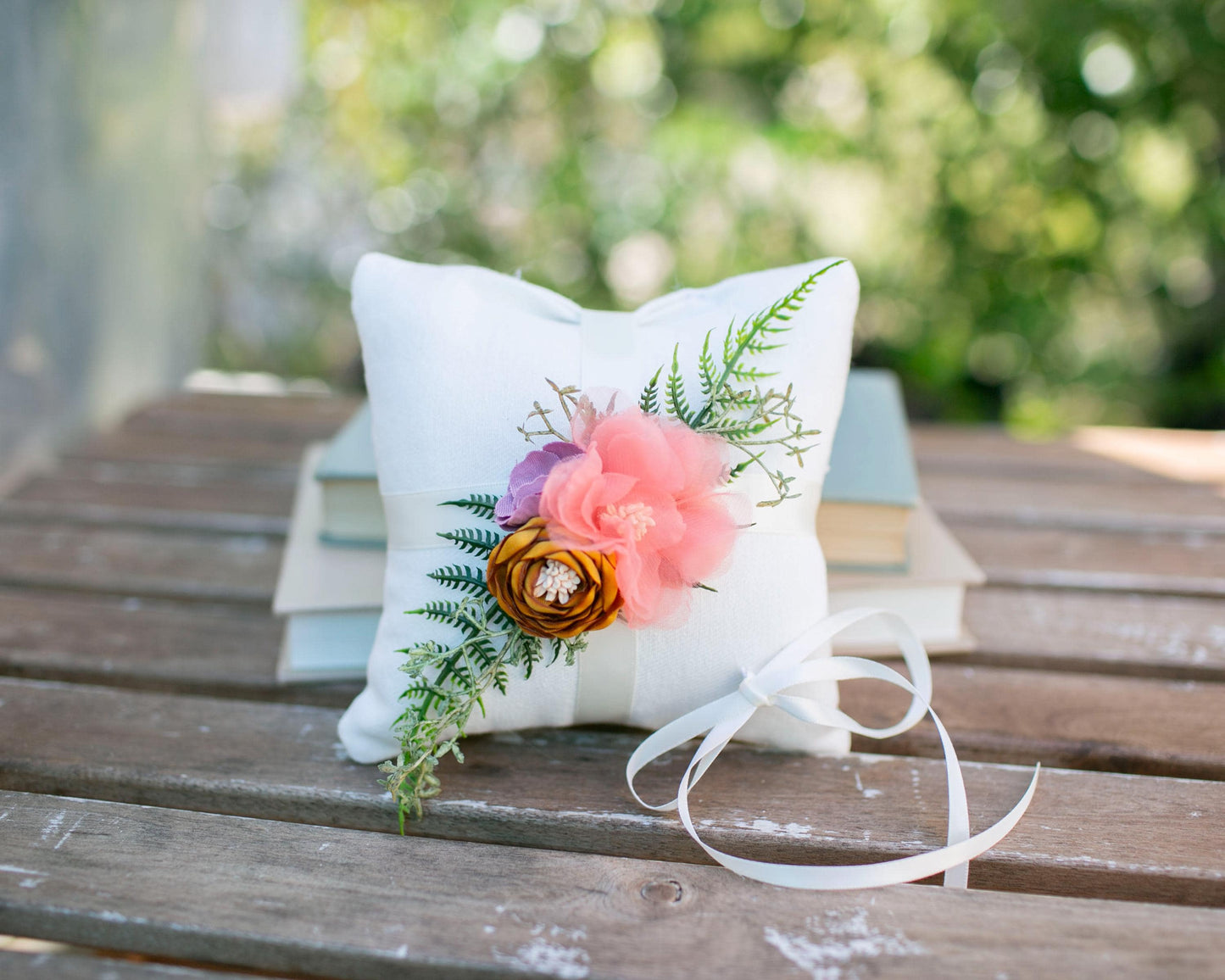 Ivory Wire Flower Girl Basket with a mix of Fabric Flowers
