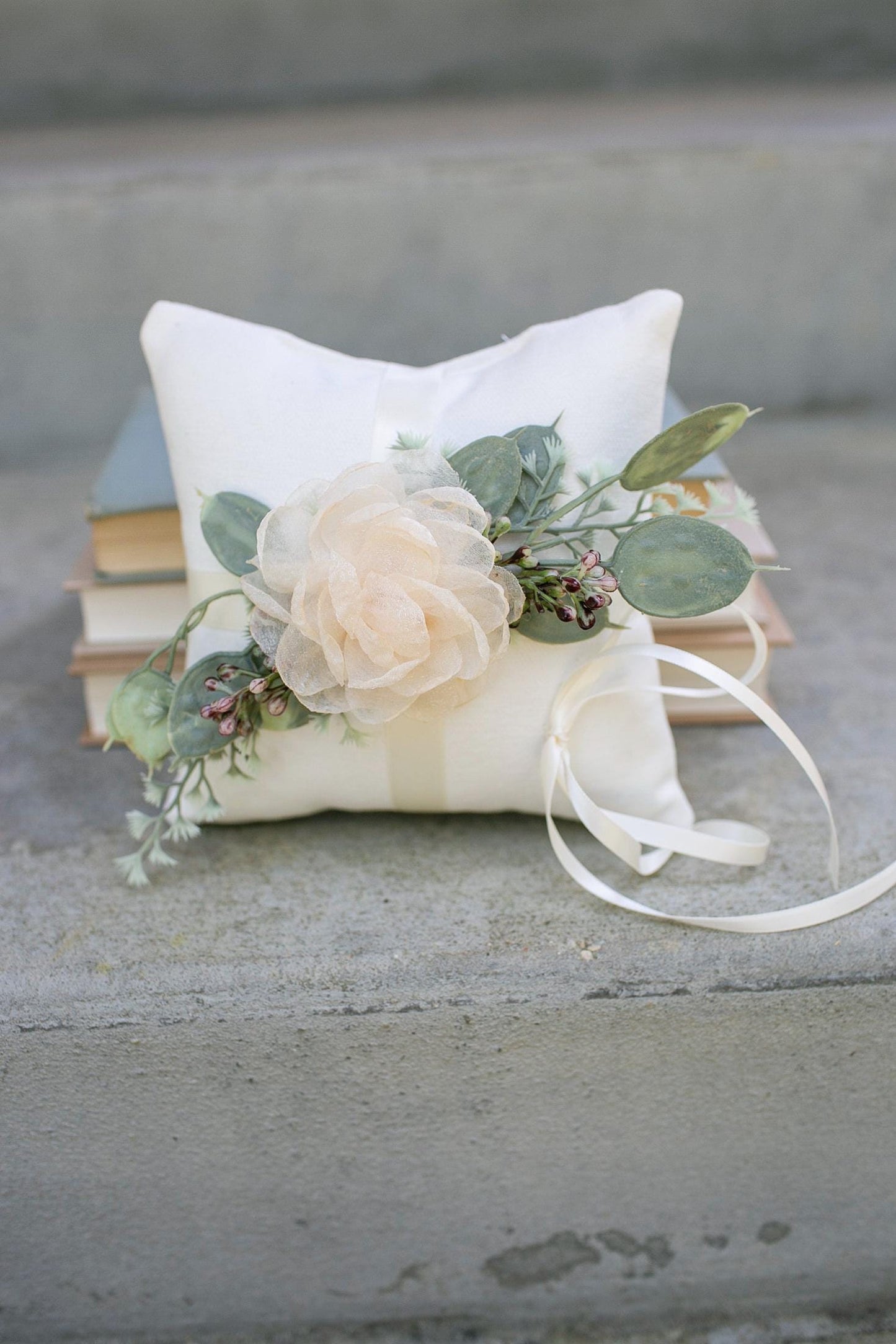 Delta Handmade Ivory Ring Bearer Pillow: Eucalyptus & Floral Accent