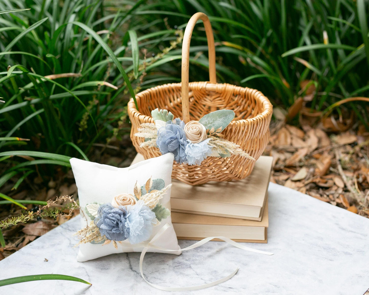 Coastal Flower Girl Basket & Ring Pillow Set: Boho Baby Blue Accents
