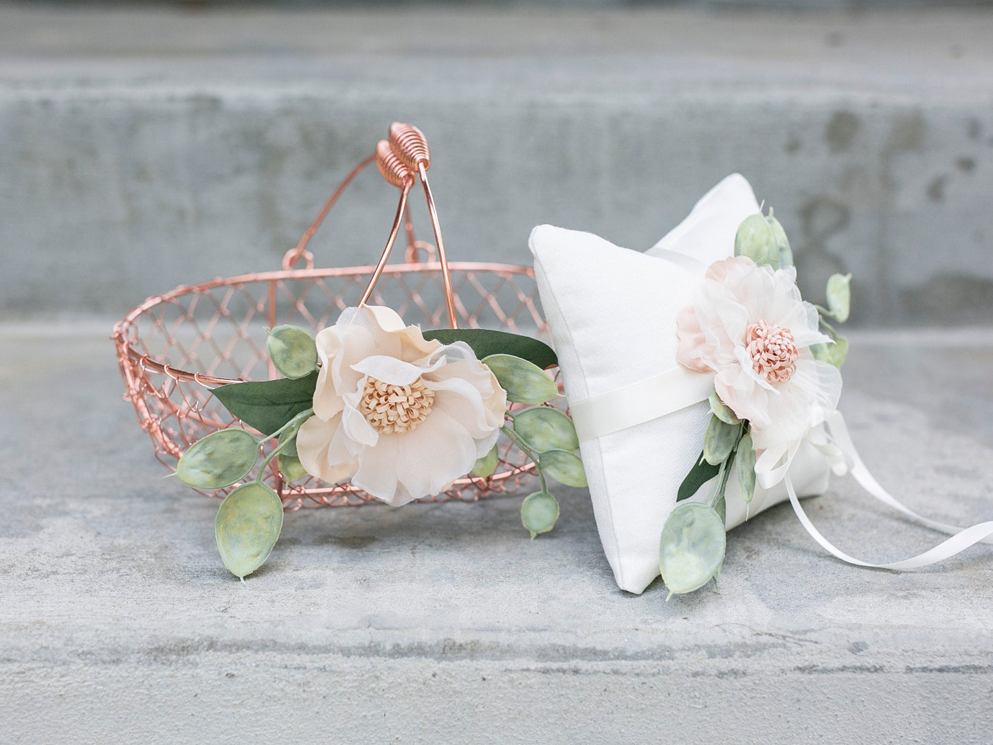 Rose Gold Flower Girl Basket: Eucalyptus & Camellia Wedding Decor