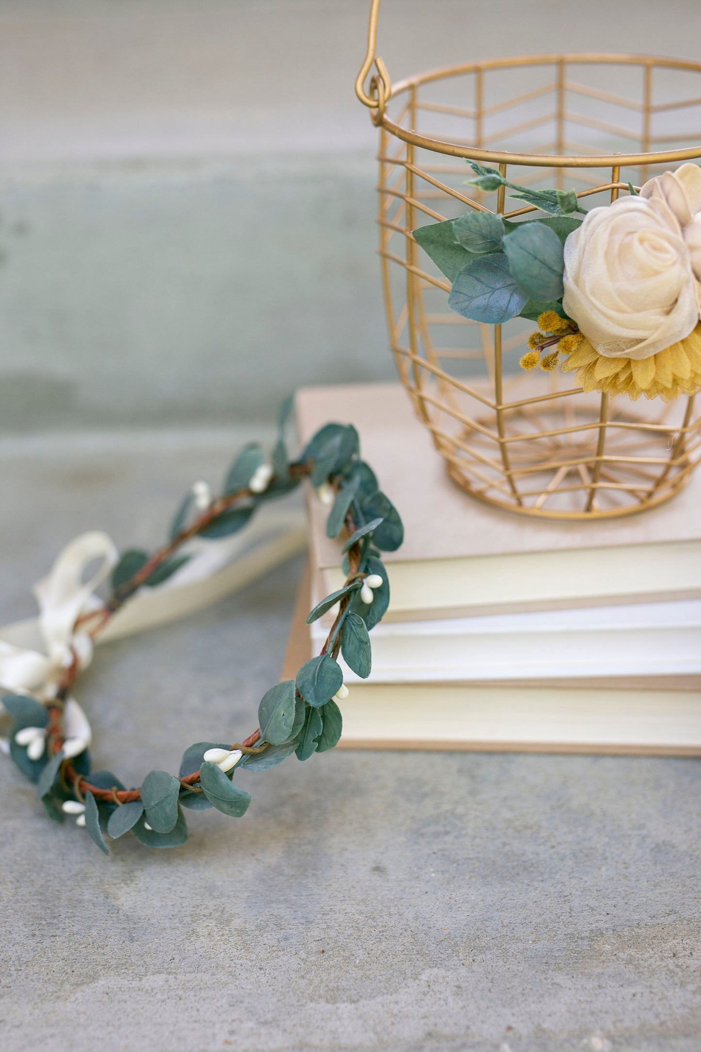 Gold Wedding Flower Girl Basket: Beige & Yellow Fabric Flowers