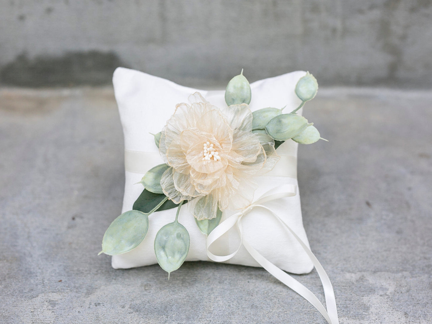 August Eucalyptus Ring Bearer Pillow: Ivory Linen, Floral Accent | Choose your flower color