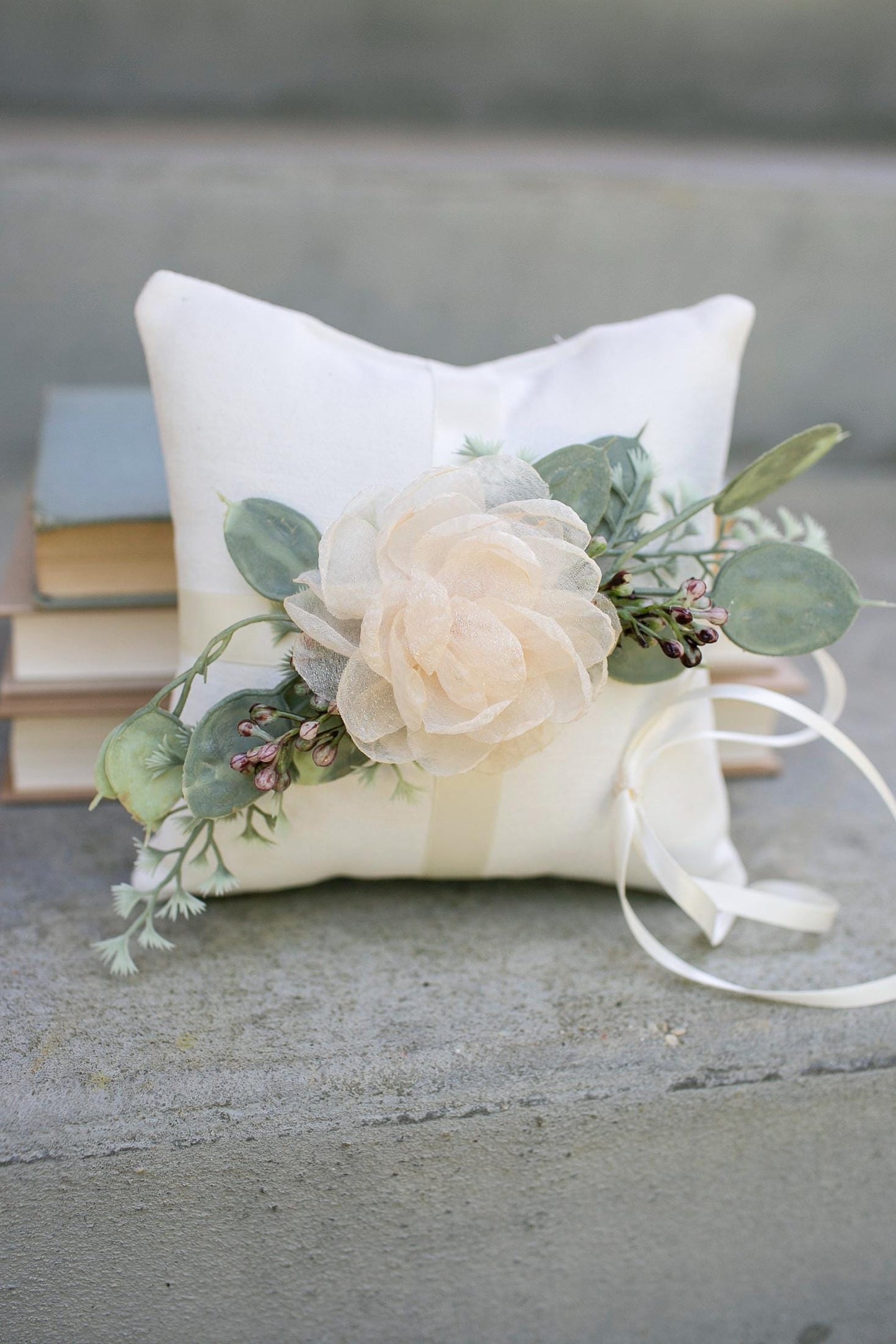 Delta Handmade Ivory Ring Bearer Pillow: Eucalyptus & Floral Accent