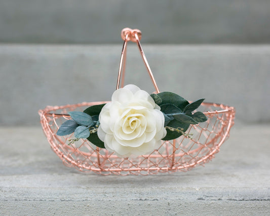 Bella Rose Gold Flower Girl Basket: Copper Wire, Ivory Rose & Greenery