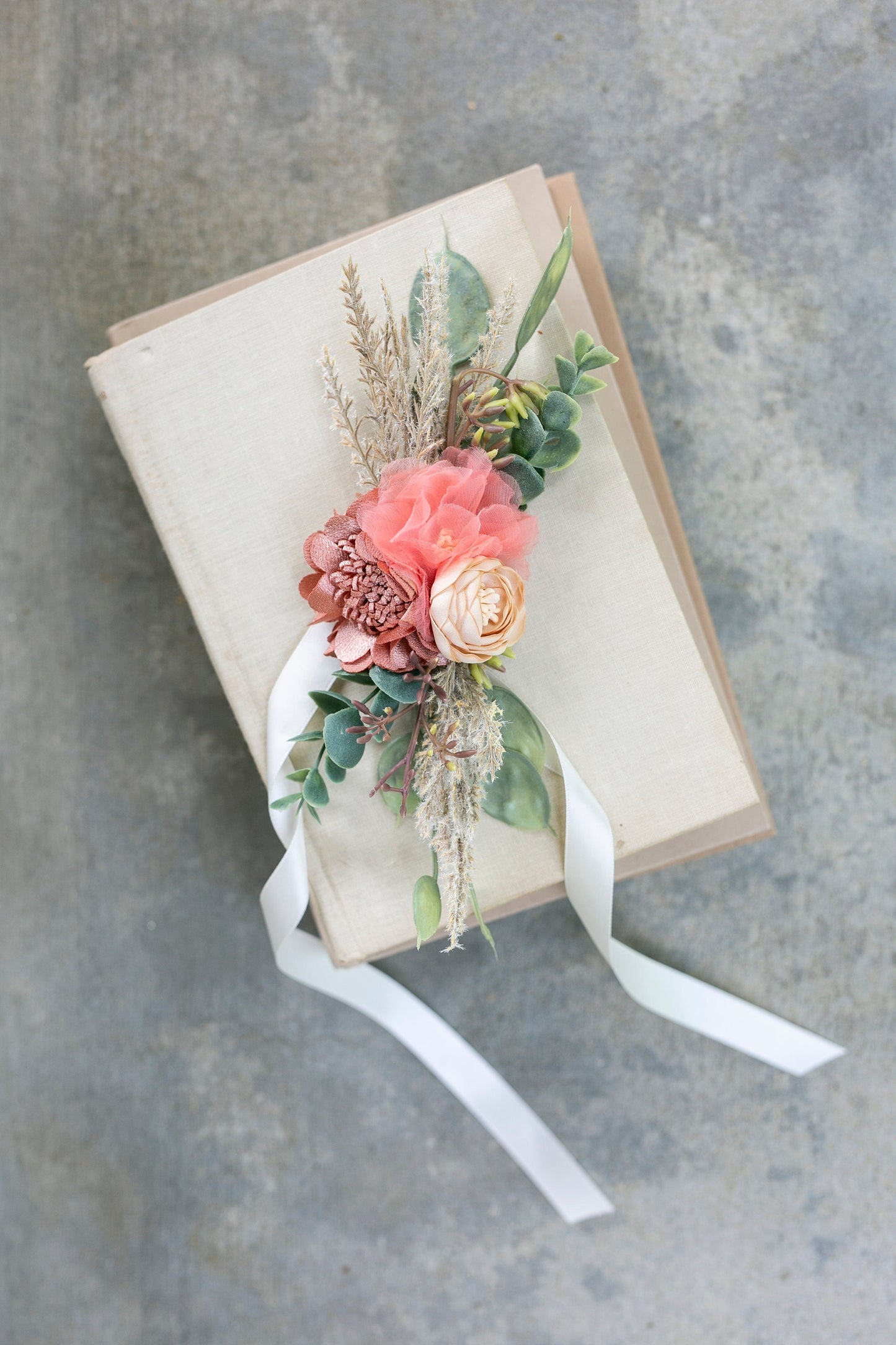 Floral Wedding Corsage: Eucalyptus, Pampas Grass & Fabric Wildflowers
