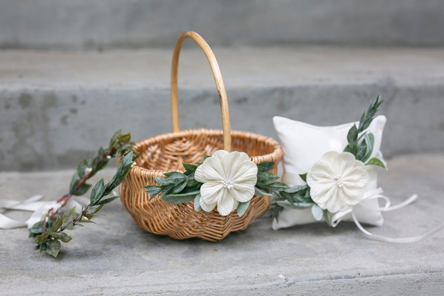 Willow Flower Girl Basket: Handmade Wicker Wedding Basket with Greenery