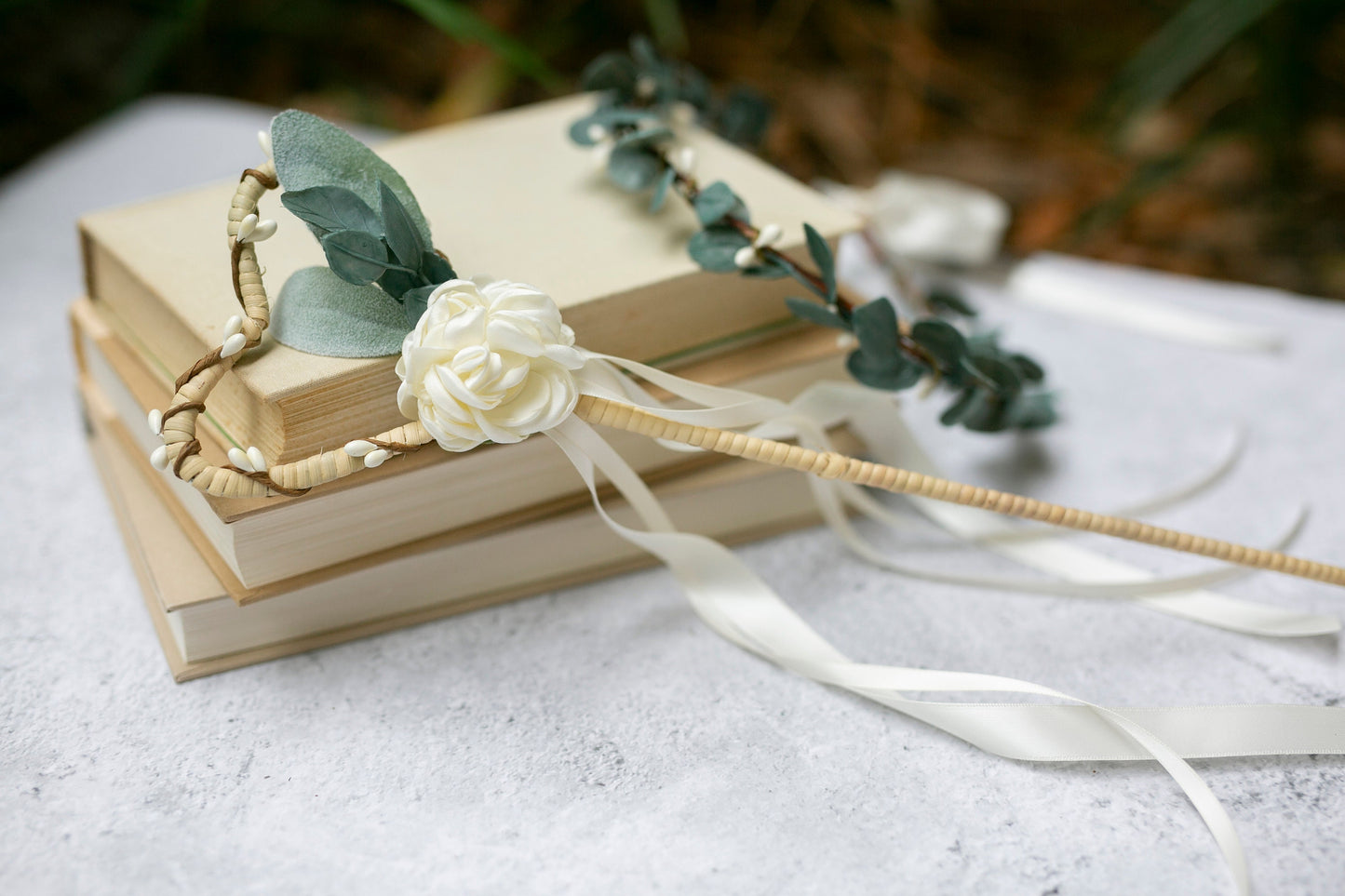 Flower Girl Heart Wand: Ivory Rosette, Satin Ribbons Wedding Wand