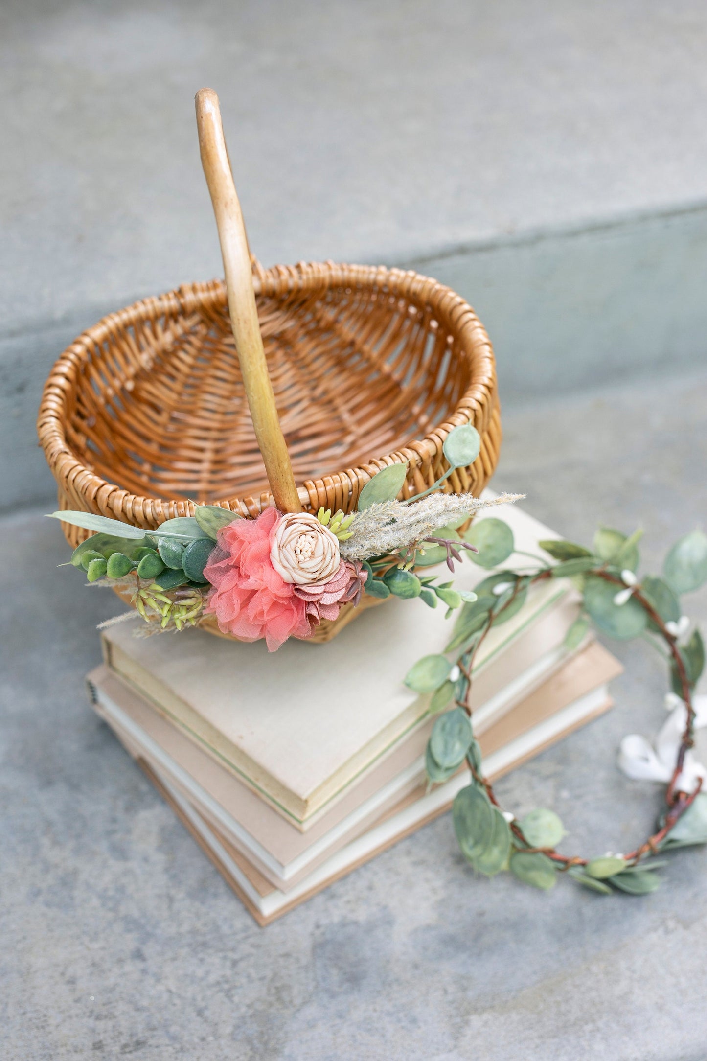 Francesca Flower Girl Basket & Ring Pillow Set | Spring + Summer Weddings Rattan l Basket | Boho Desert Flower Petal Basket | Gift Basket w/ Greenery