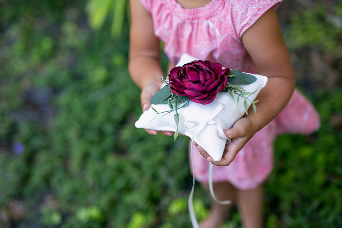 Belle Handmade Ivory Ring Bearer Pillow: Crimson Rose, Linen-Look