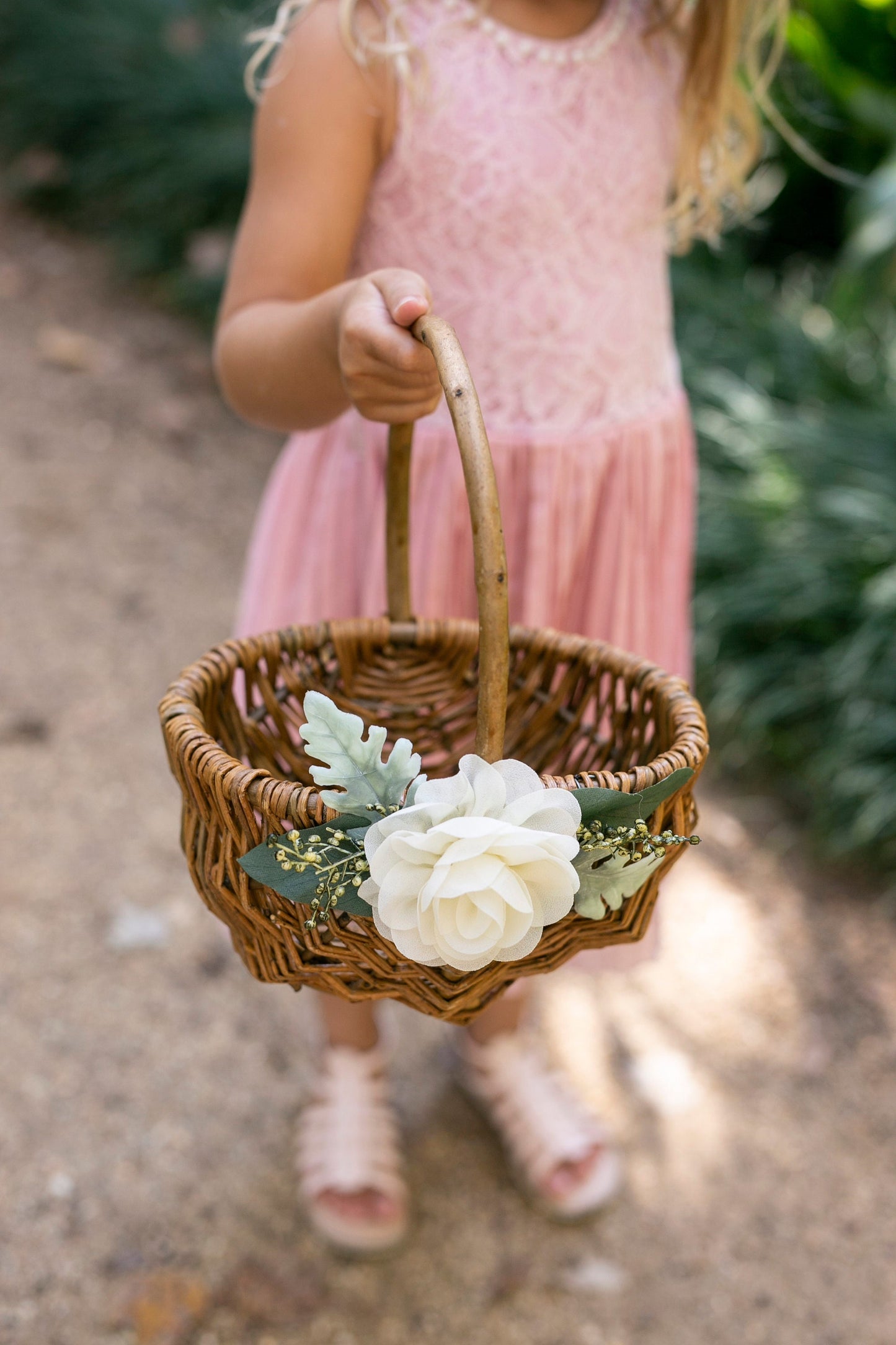 Rustic Willow Flower Girl Basket with Greenery & Chiffon Flower