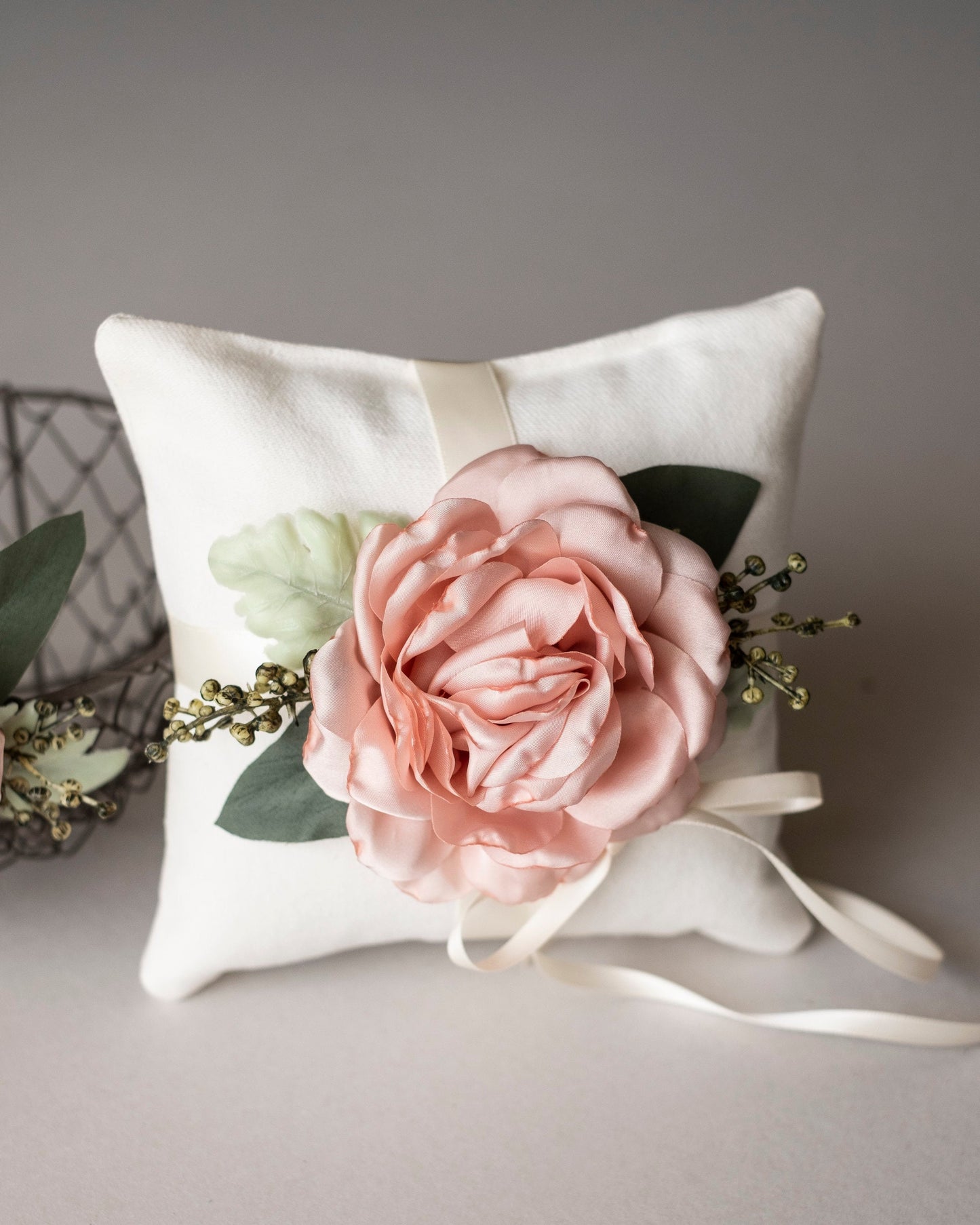 Parker Luxe Rustic Wedding Ring Pillow: Ivory Linen with Blush Rose