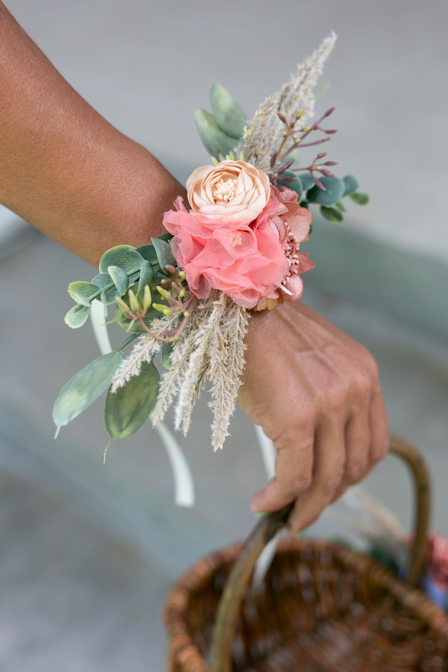 Floral Wedding Corsage: Eucalyptus, Pampas Grass & Fabric Wildflowers