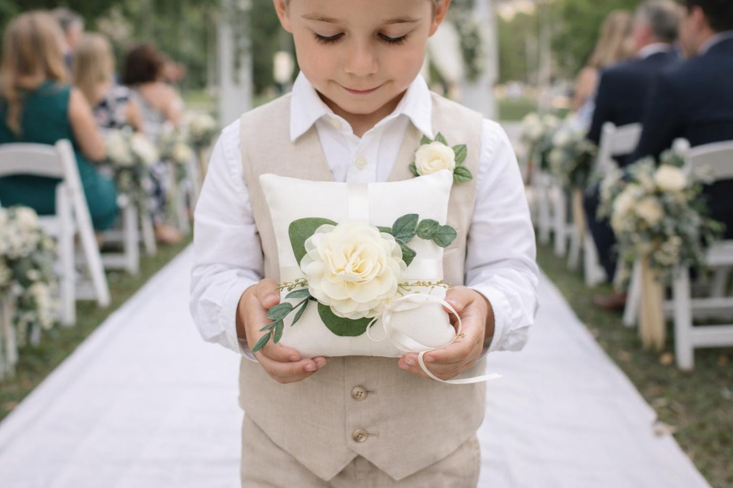 Handmade Linen-Look Ring Bearer Pillow: Ivory Rose & Eucalyptus