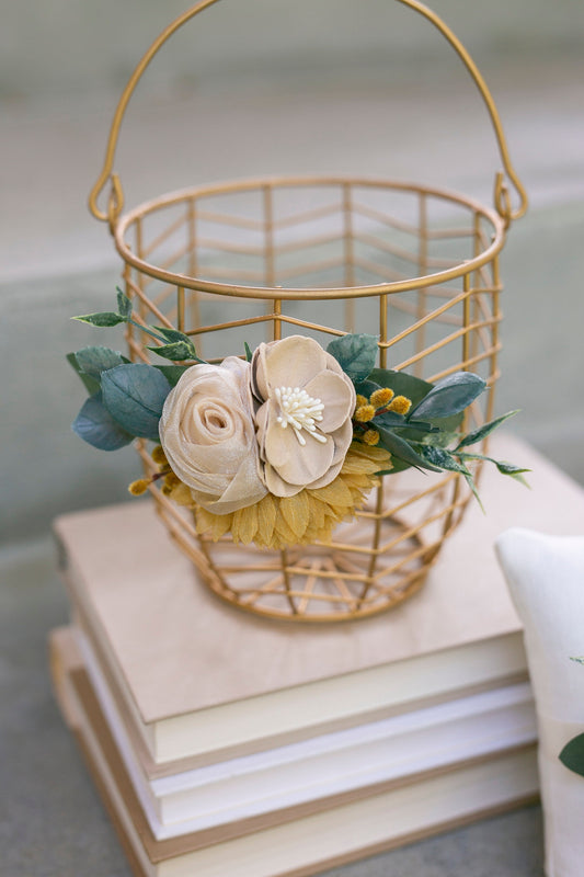 Gold Wedding Flower Girl Basket: Beige & Yellow Fabric Flowers