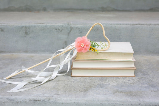 Flower Girl Heart Wand: Rattan, Ivory Ribbons Wedding Accessory