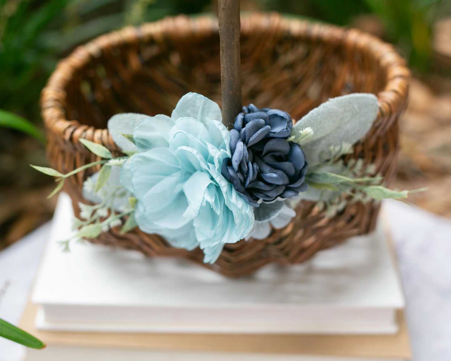 Wicker Flower Girl Basket: Handmade Willow Basket with Blue Floral Accents