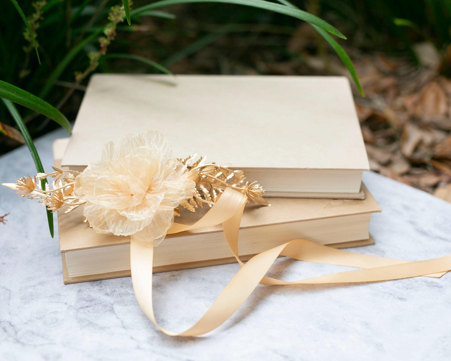 Golden Flower Corsage: Shimmery Bloom Wedding Wristlet
