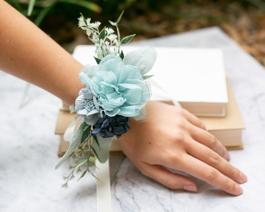 Blue Floral Corsage Wristlet: Wedding, Prom, Mother of the Bride