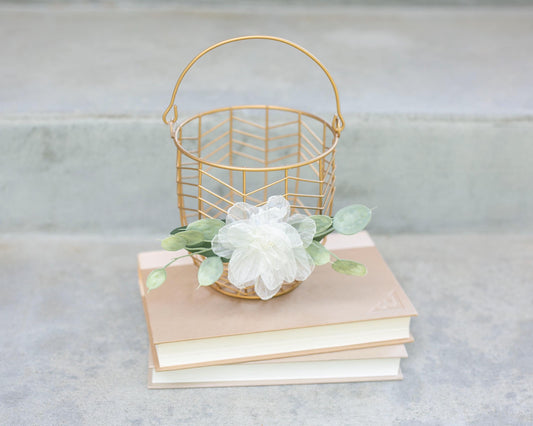Amber Champagne Gold Flower Girl Basket: Ivory Rose & Eucalyptus Wedding Decor