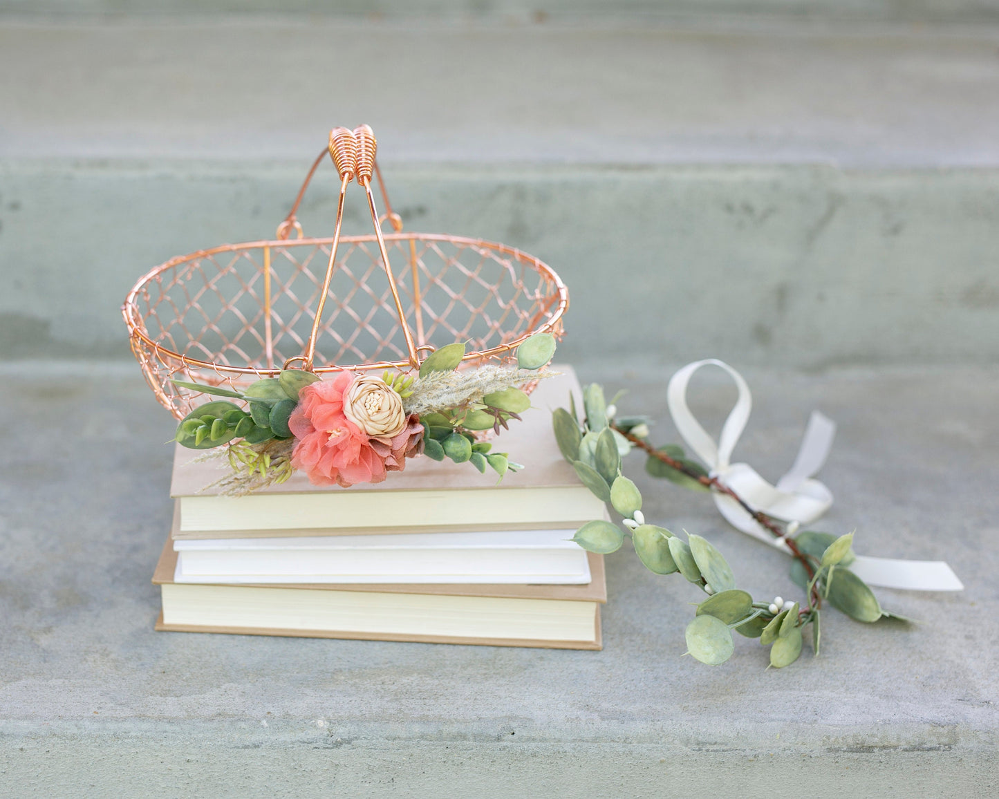 Francesca Boho Flower Girl Basket Set: Rose Gold Wedding Decor