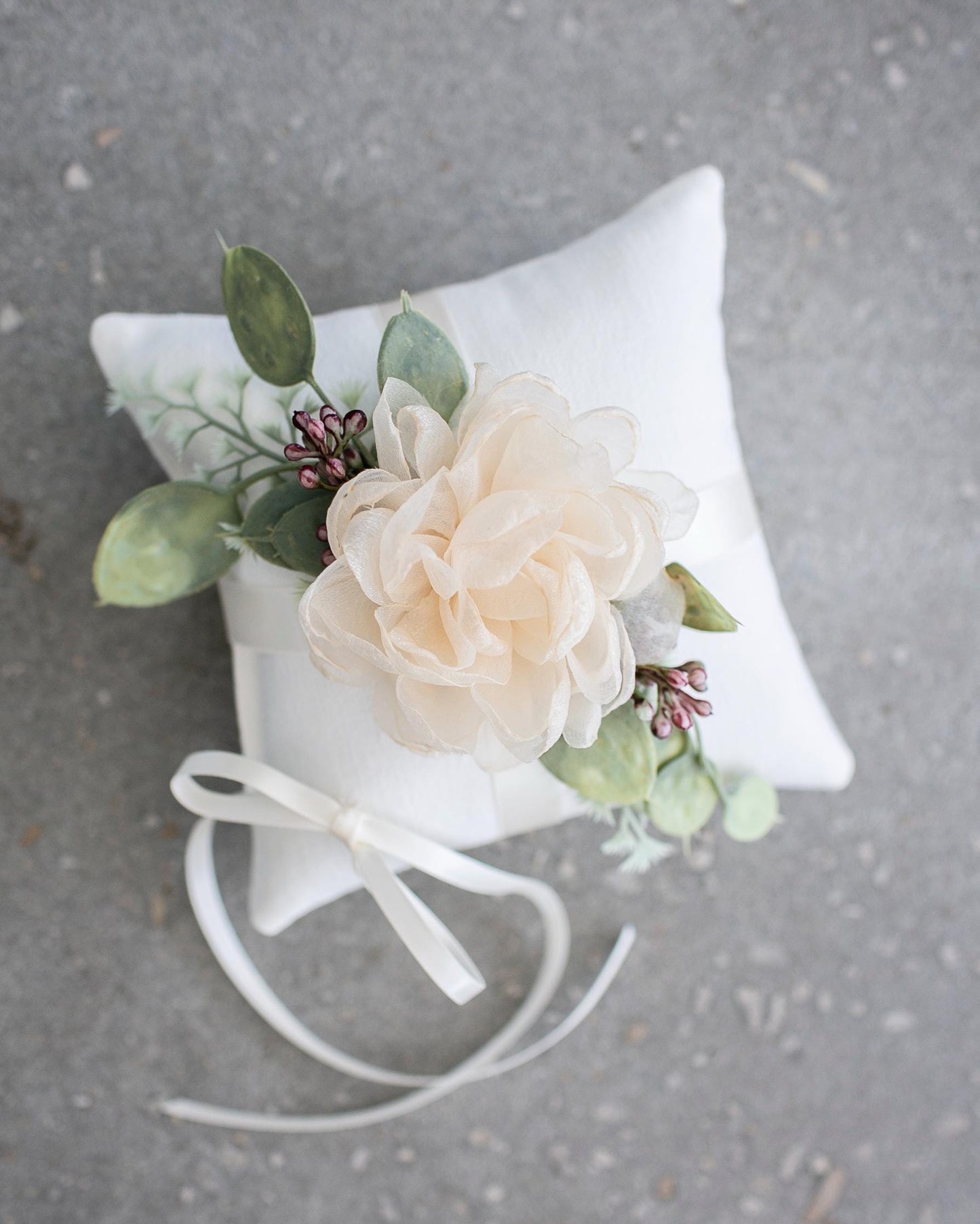 Delta Handmade Ivory Ring Bearer Pillow: Eucalyptus & Floral Accent