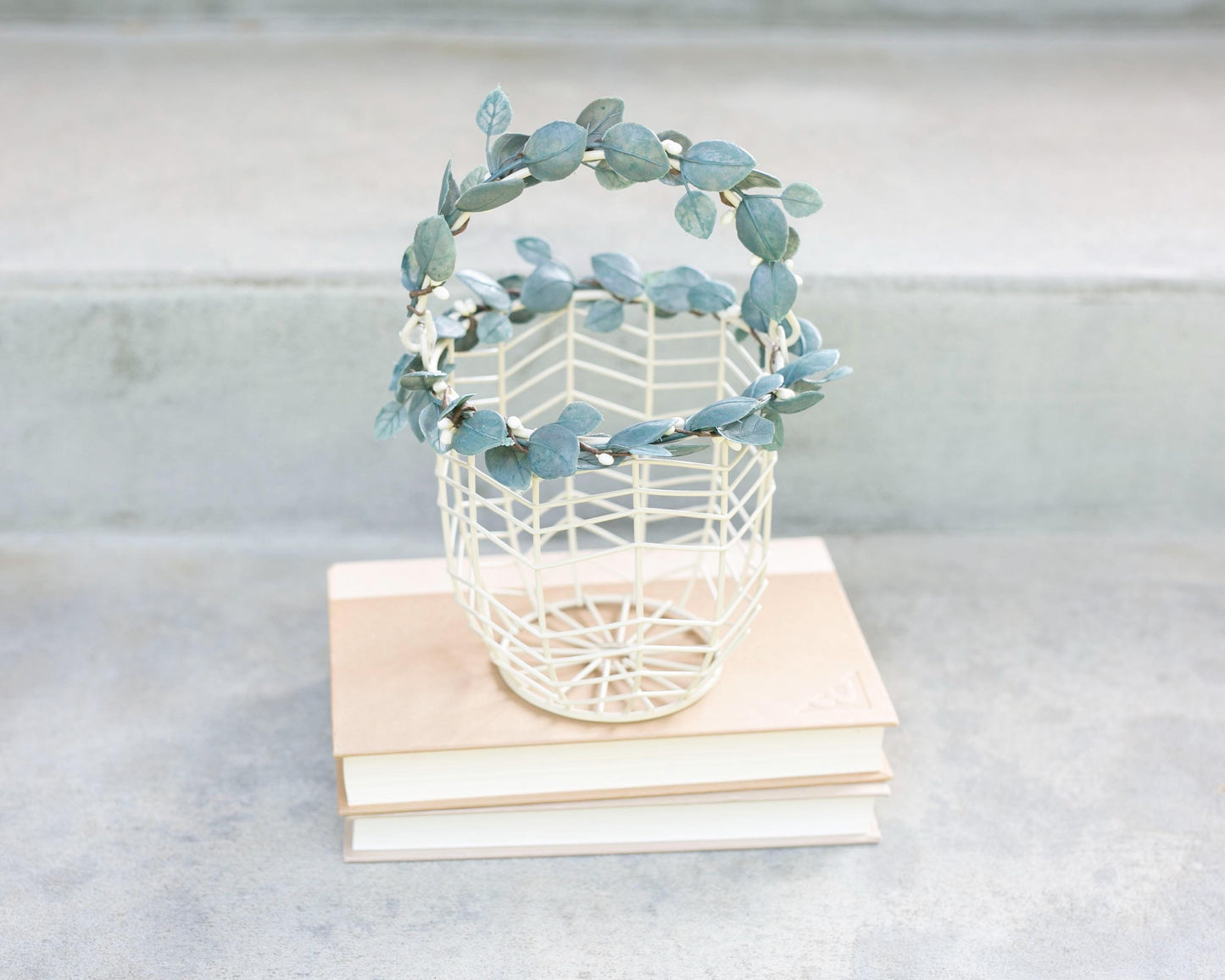 Eleanor Ivory Metal Flower Girl Basket & Ring Pillow Set: Eucalyptus Accent