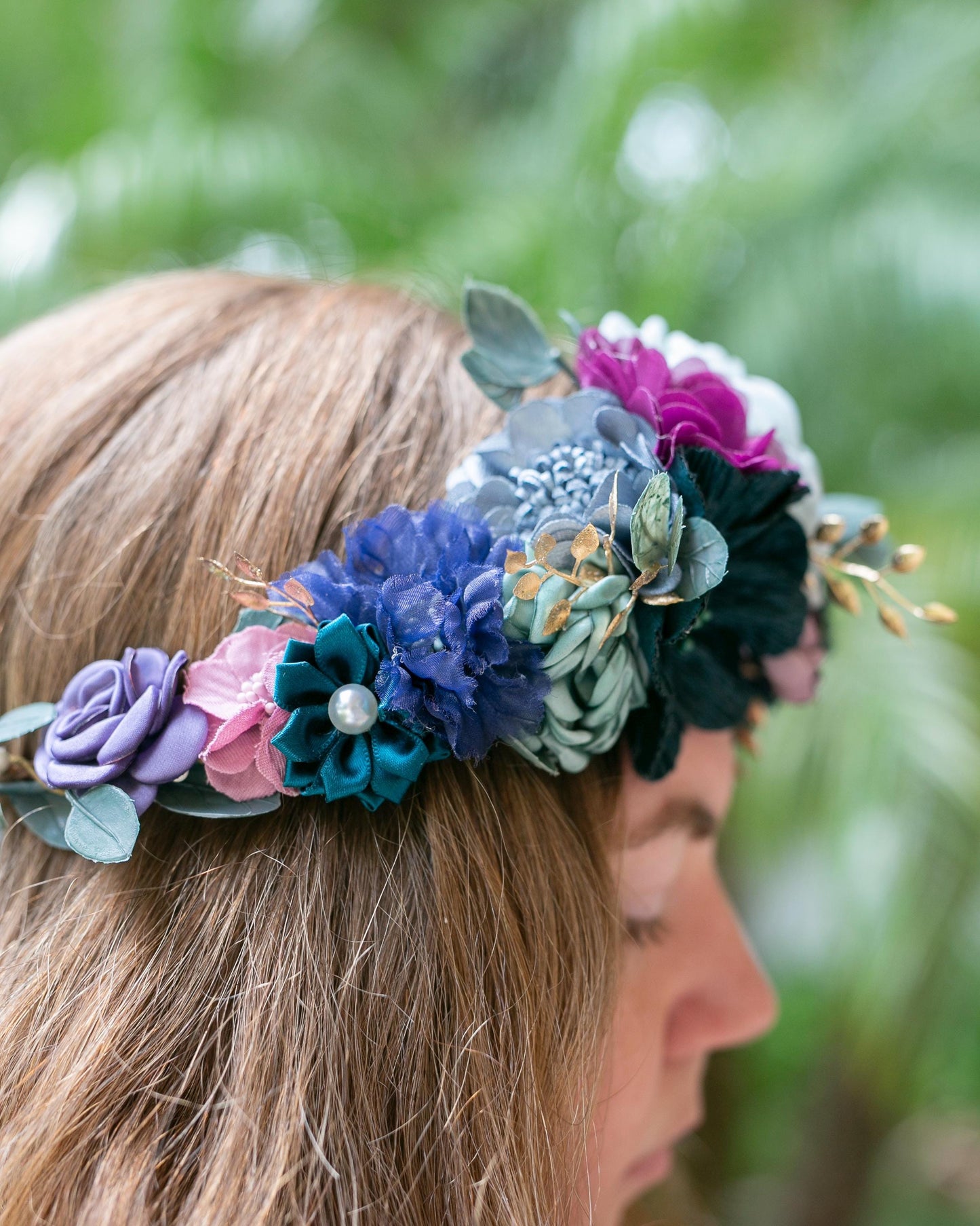 Midnight Summer Wedding Flower Crown: Purple & Blue Floral Hair Wreath