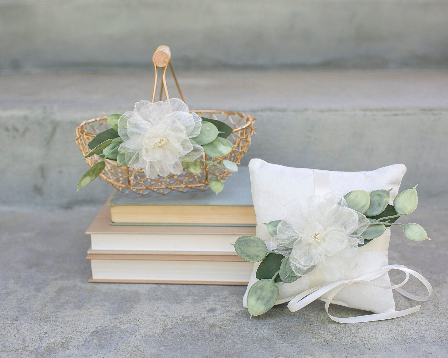 Amber Champagne Gold Flower Girl Basket: Ivory Rose & Eucalyptus Wedding Decor