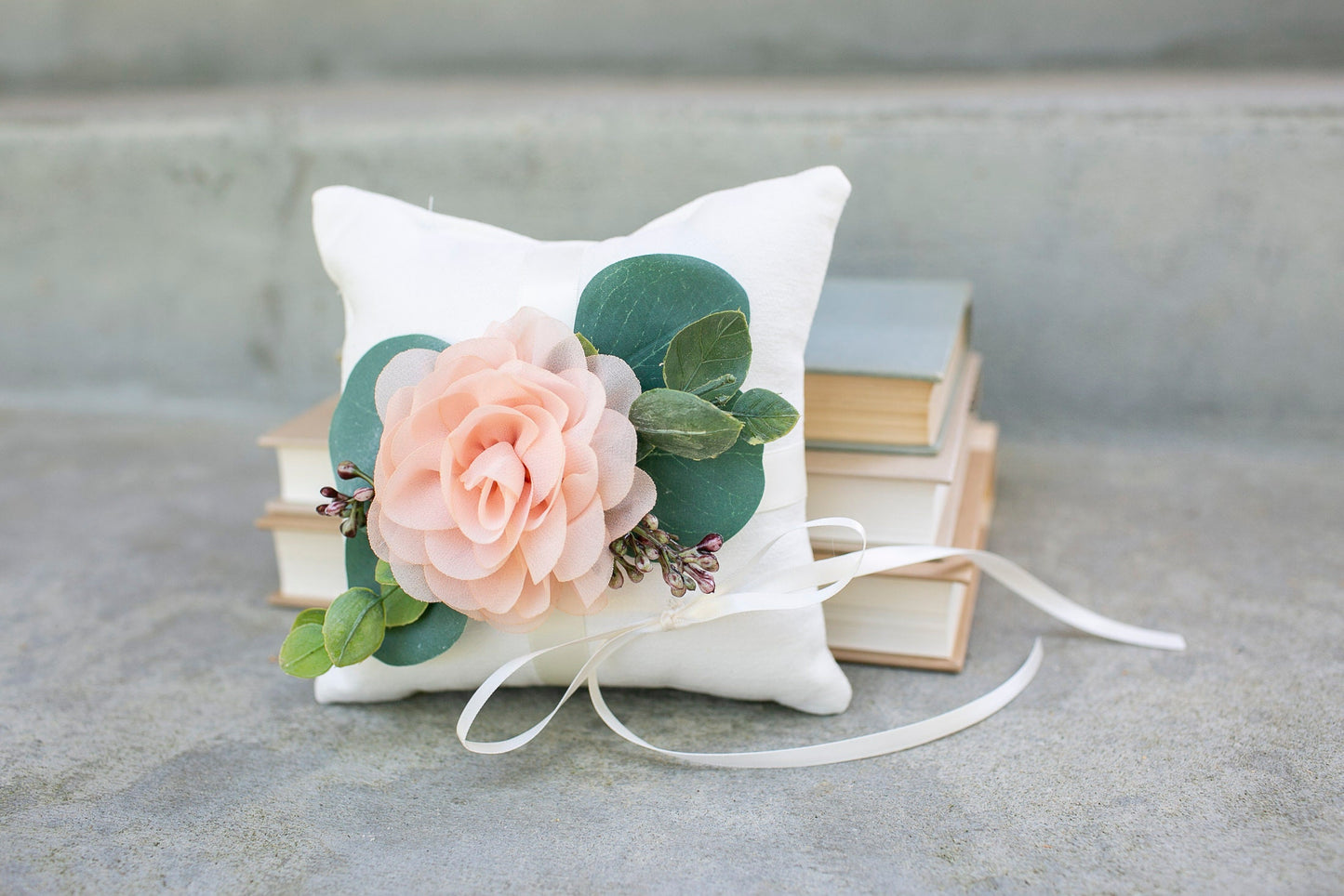 Blush Wedding Ring Bearer Pillow: Ivory Linen-Look, Floral & Greenery