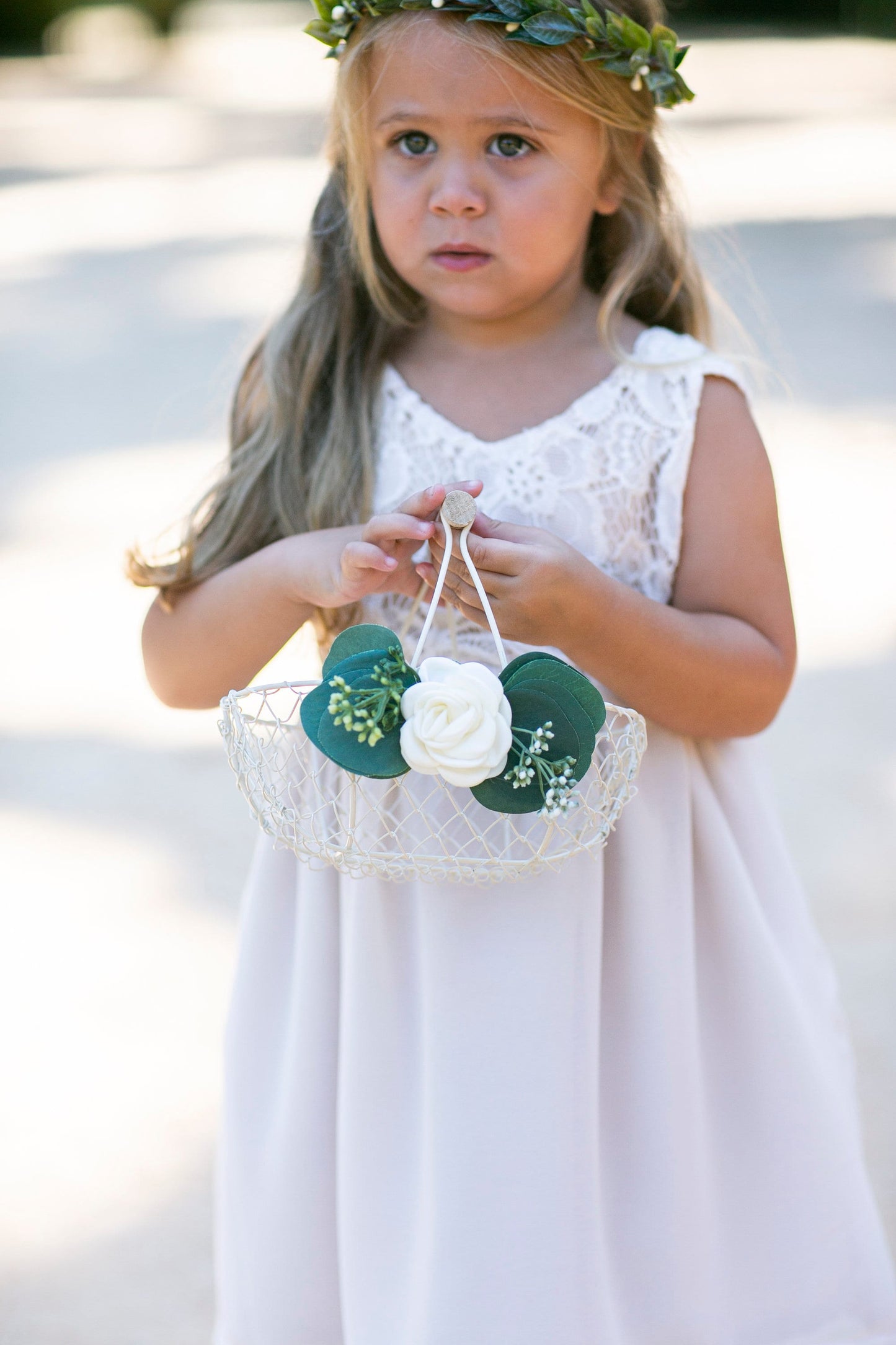 Imani Eucalyptus Flower Girl Basket: Ivory Wedding Decor