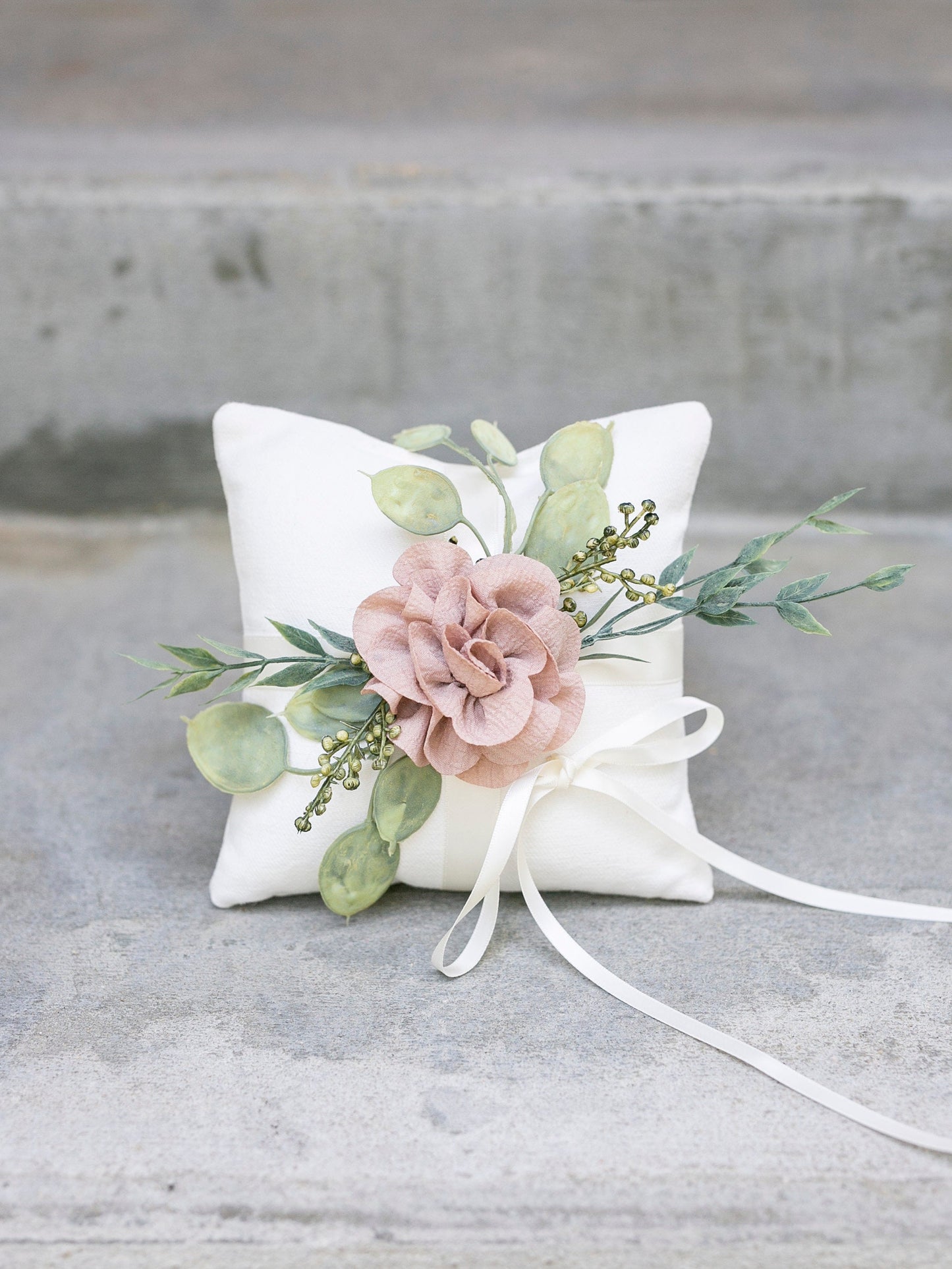 Ivory Linen-Look Ring Bearer Pillow: Floral Greenery Accent
