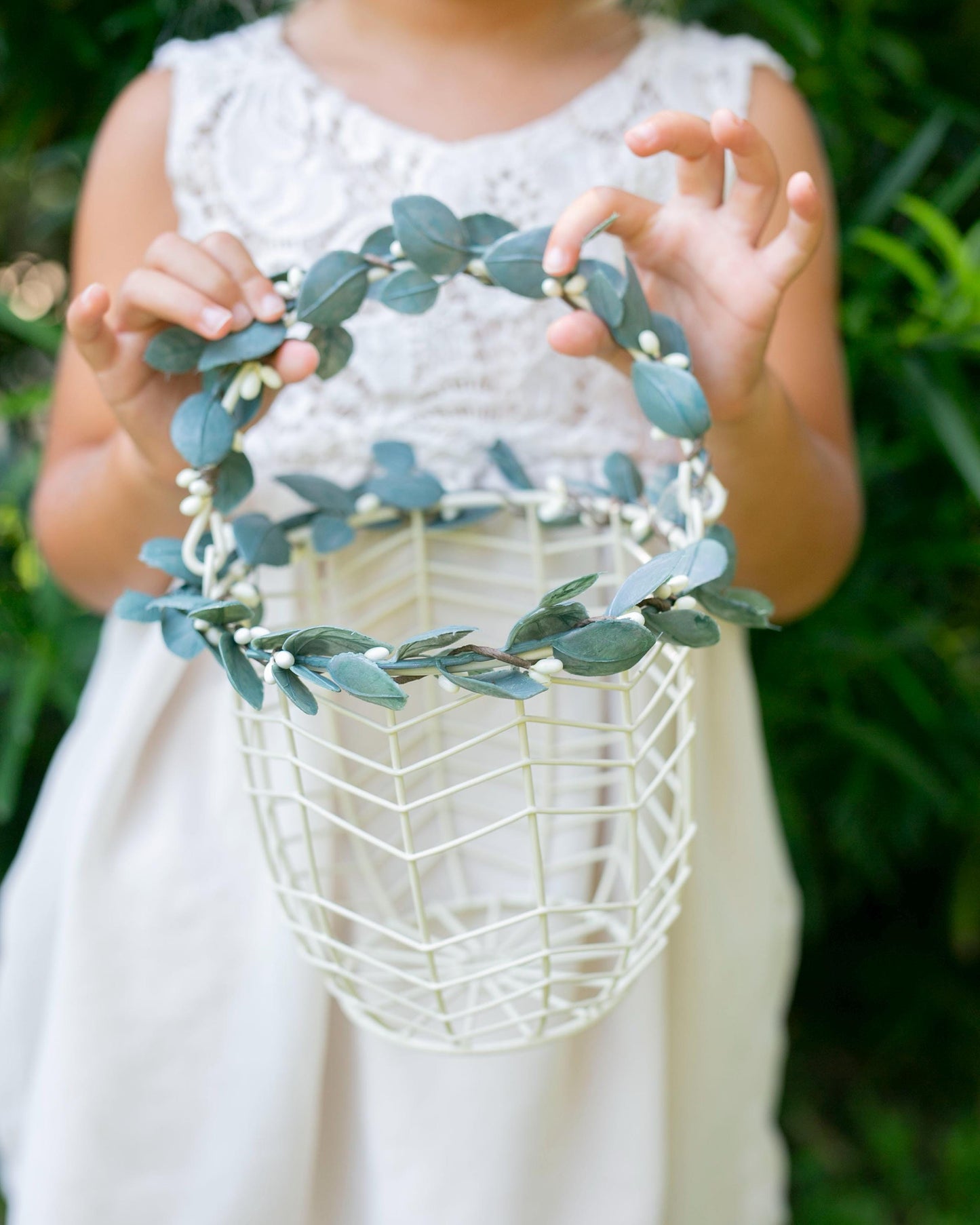 Eleanor Ivory Metal Flower Girl Basket & Ring Pillow Set: Eucalyptus Accent
