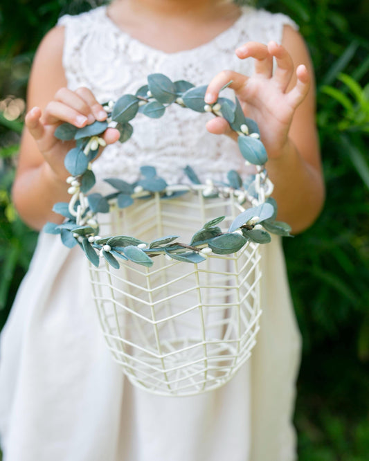 Eleanor Ivory Metal Flower Girl Basket & Ring Pillow Set: Eucalyptus Accent