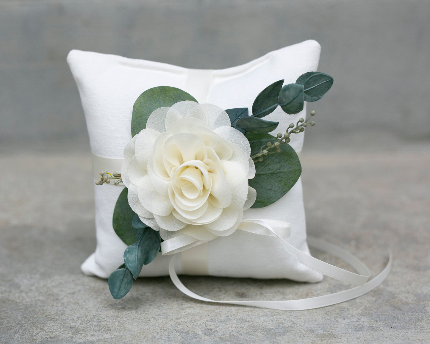 Handmade Linen-Look Ring Bearer Pillow: Ivory Rose & Eucalyptus