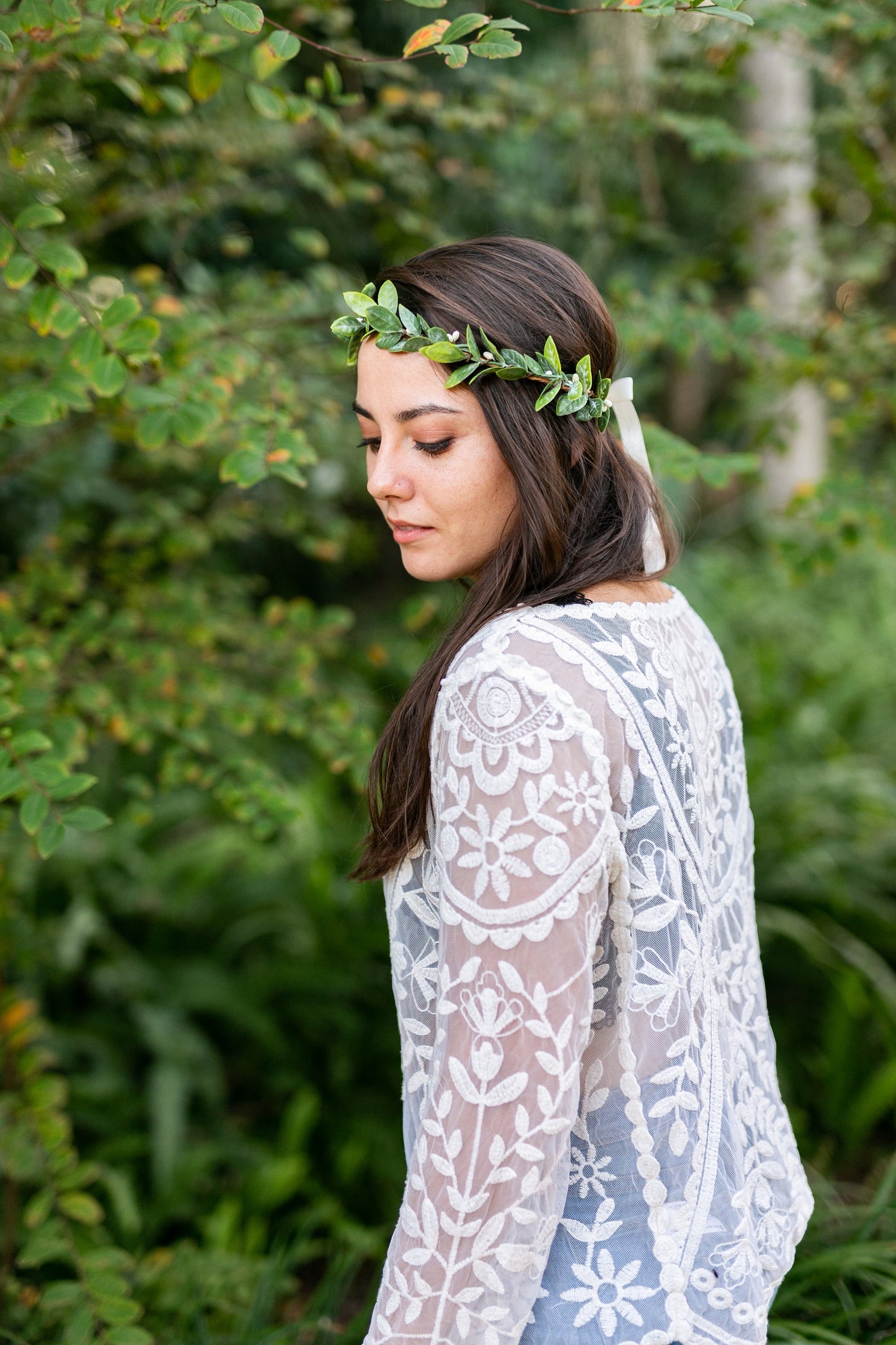 Piper Sage Leaf Crown: Boho Wedding Hair Piece with Ivory Ribbon