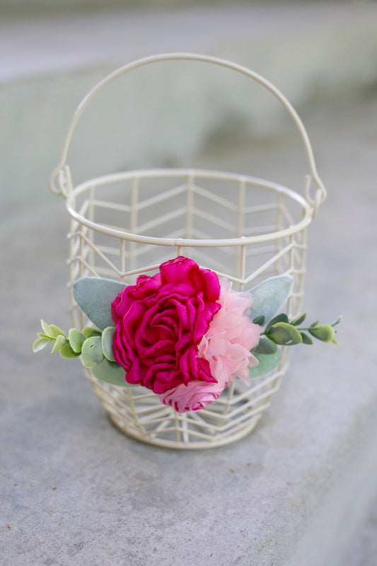 Pink Floral Flower Girl Basket: Ivory Metal Wedding Decor