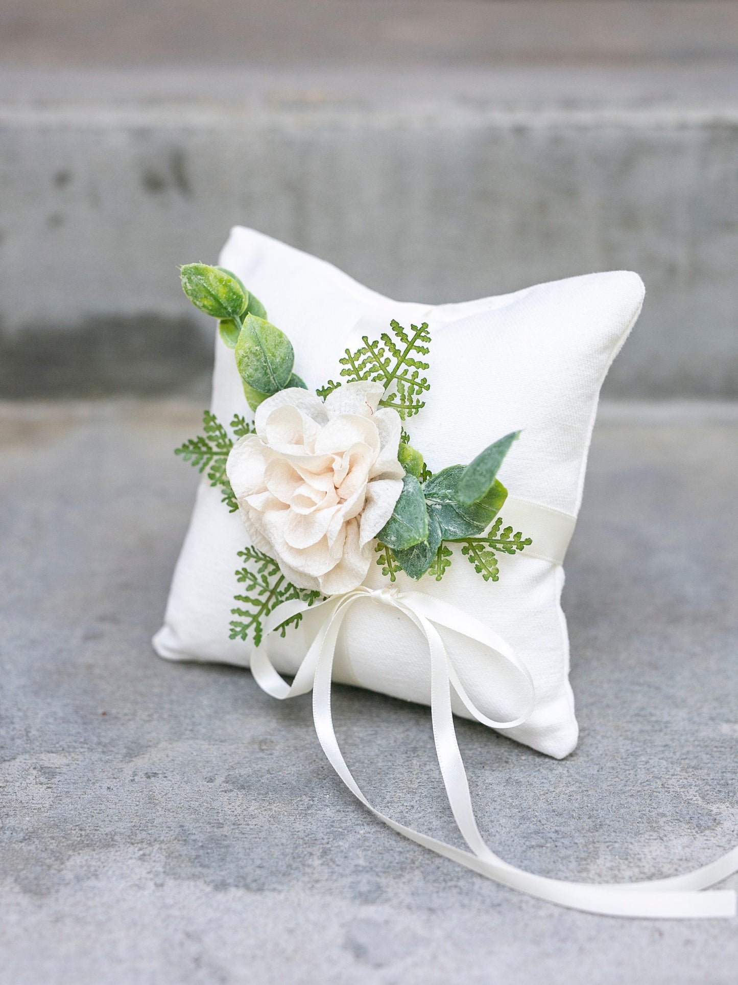 Silas Rustic Wedding Ring Pillow: Ivory Linen with Faux Eucalyptus