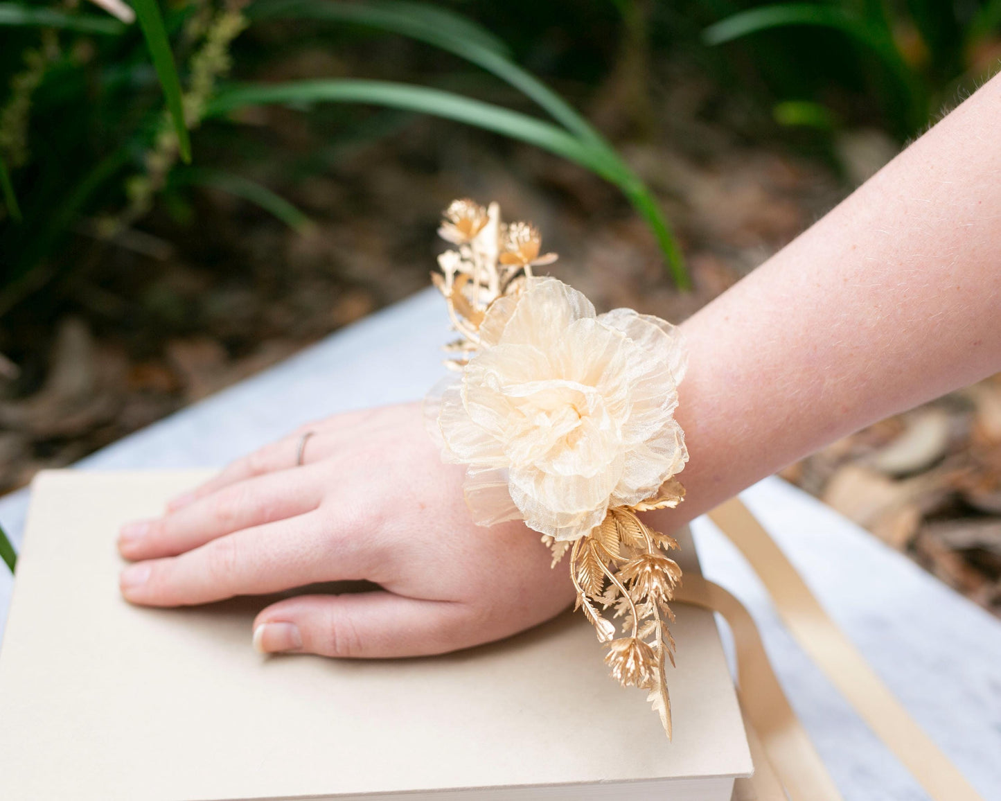 Golden Flower Corsage: Shimmery Bloom Wedding Wristlet