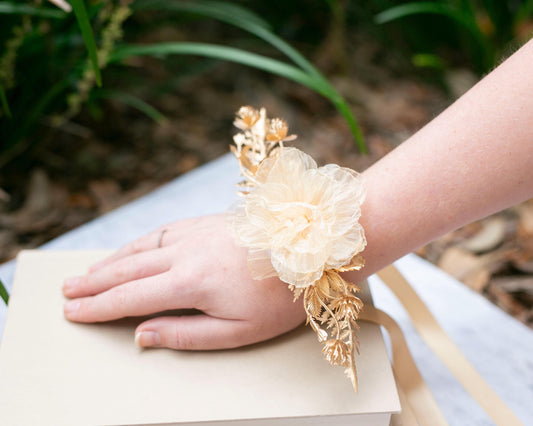 Golden Flower Corsage: Shimmery Bloom Wedding Wristlet