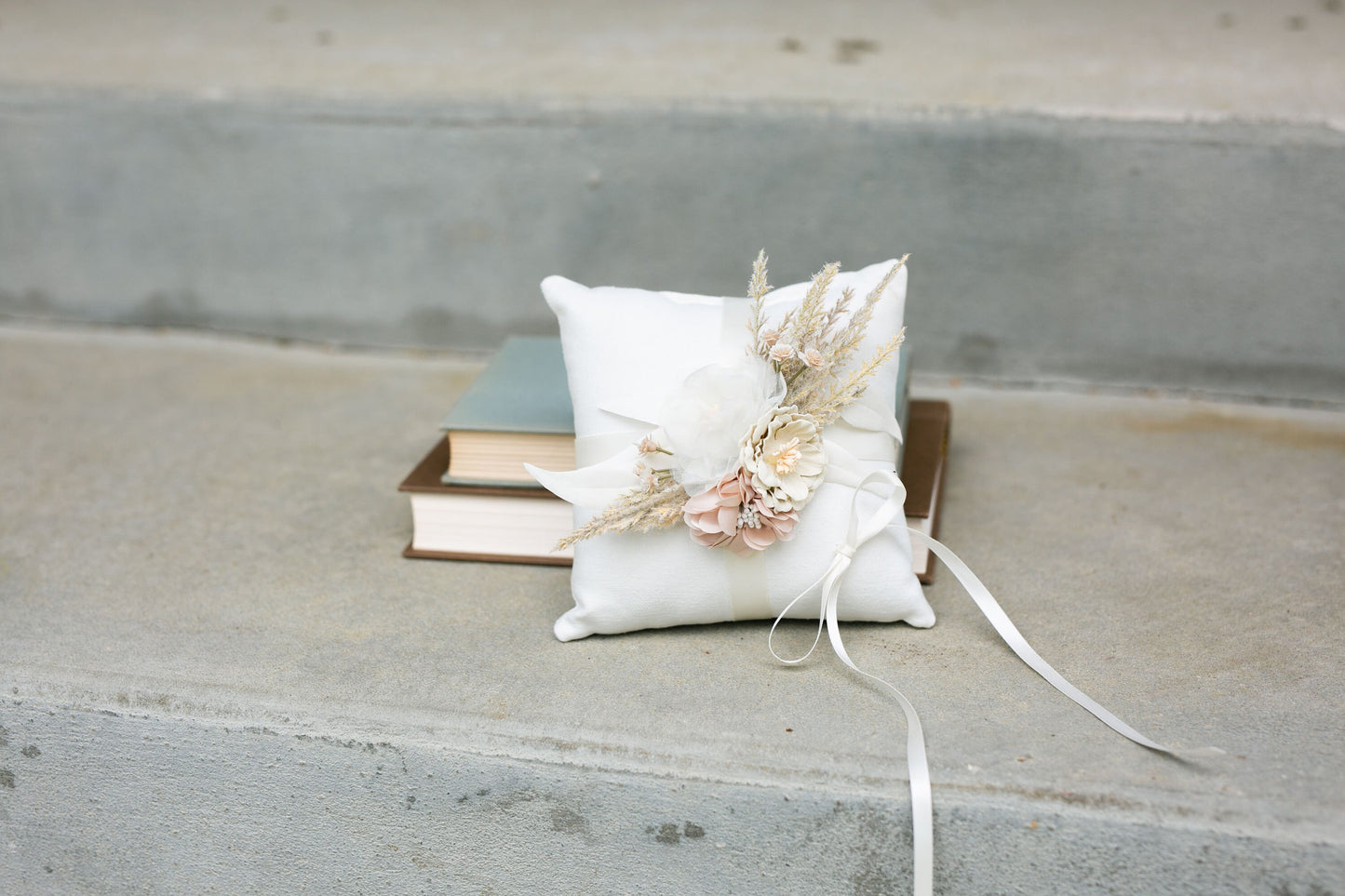 Boho Wedding Ring Pillow: Ivory Linen with Pampas Grass