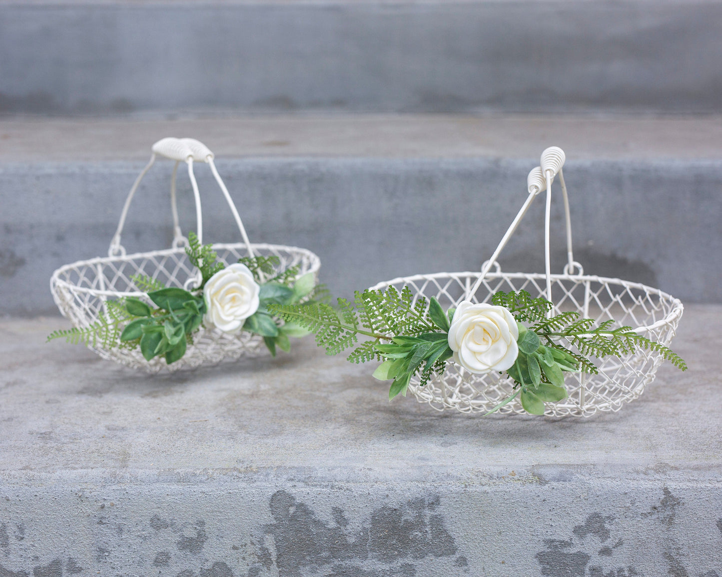 Ivory Flower Girl Basket: Fern & Rose Decorated Wedding Basket