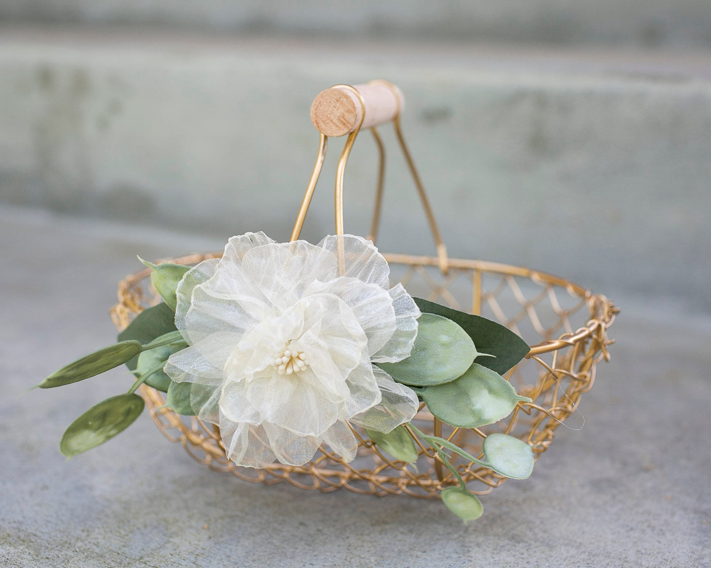 Amber Champagne Gold Flower Girl Basket: Ivory Rose & Eucalyptus Wedding Decor