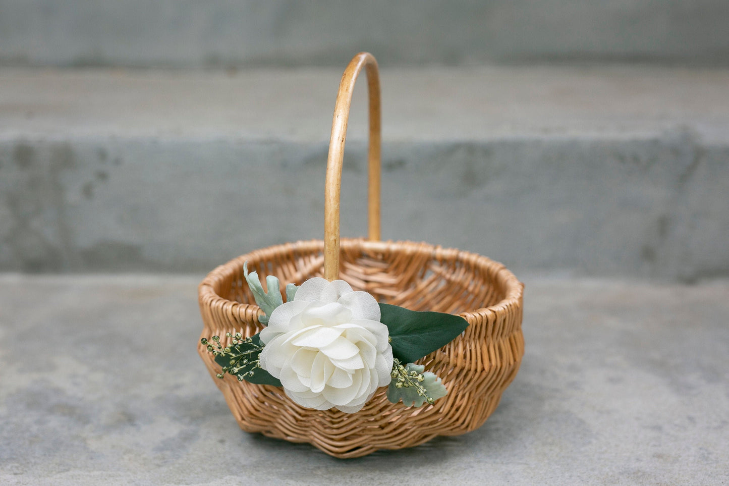 Bristol Rustic Willow Flower Girl Basket with Greenery & Chiffon Flower