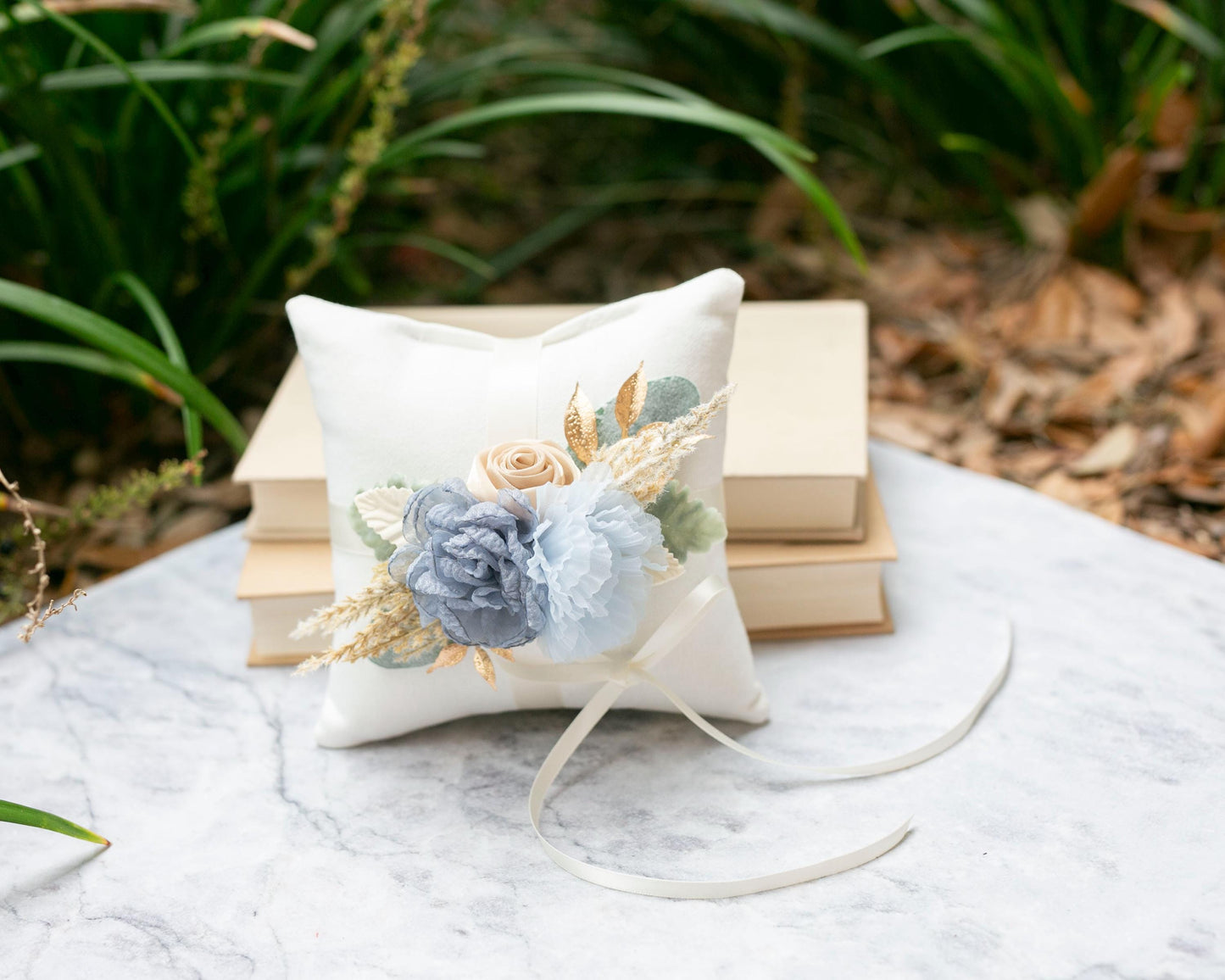 Coastal Flower Girl Basket & Ring Pillow Set: Boho Baby Blue Accents
