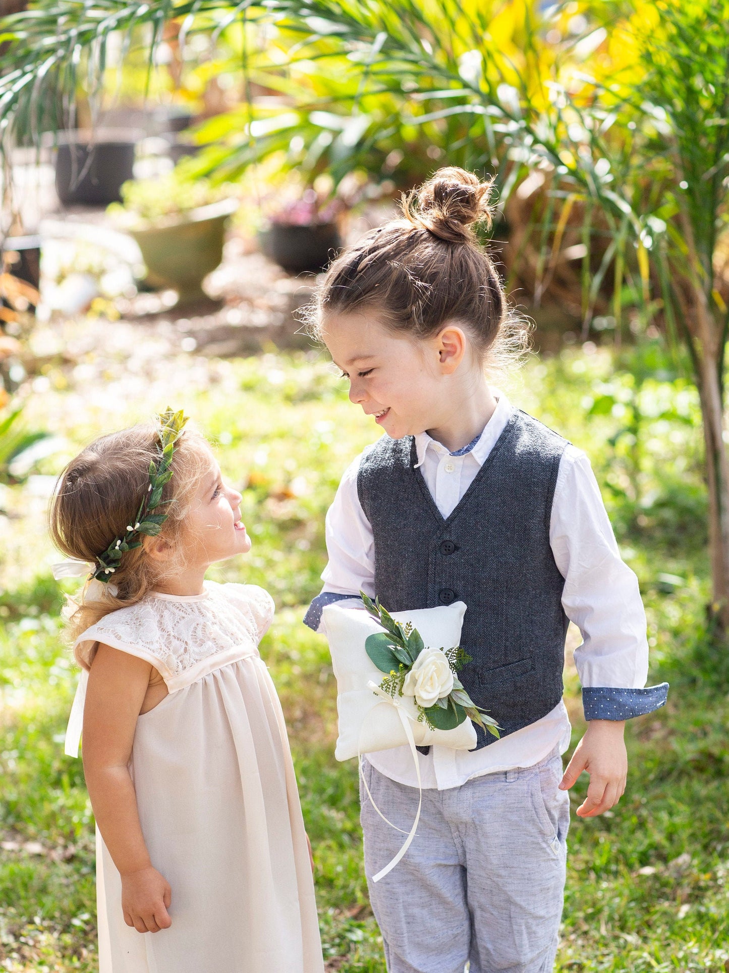 Greenery Wedding Ring Pillow: Linen-Look Fabric, Satin Ribbon